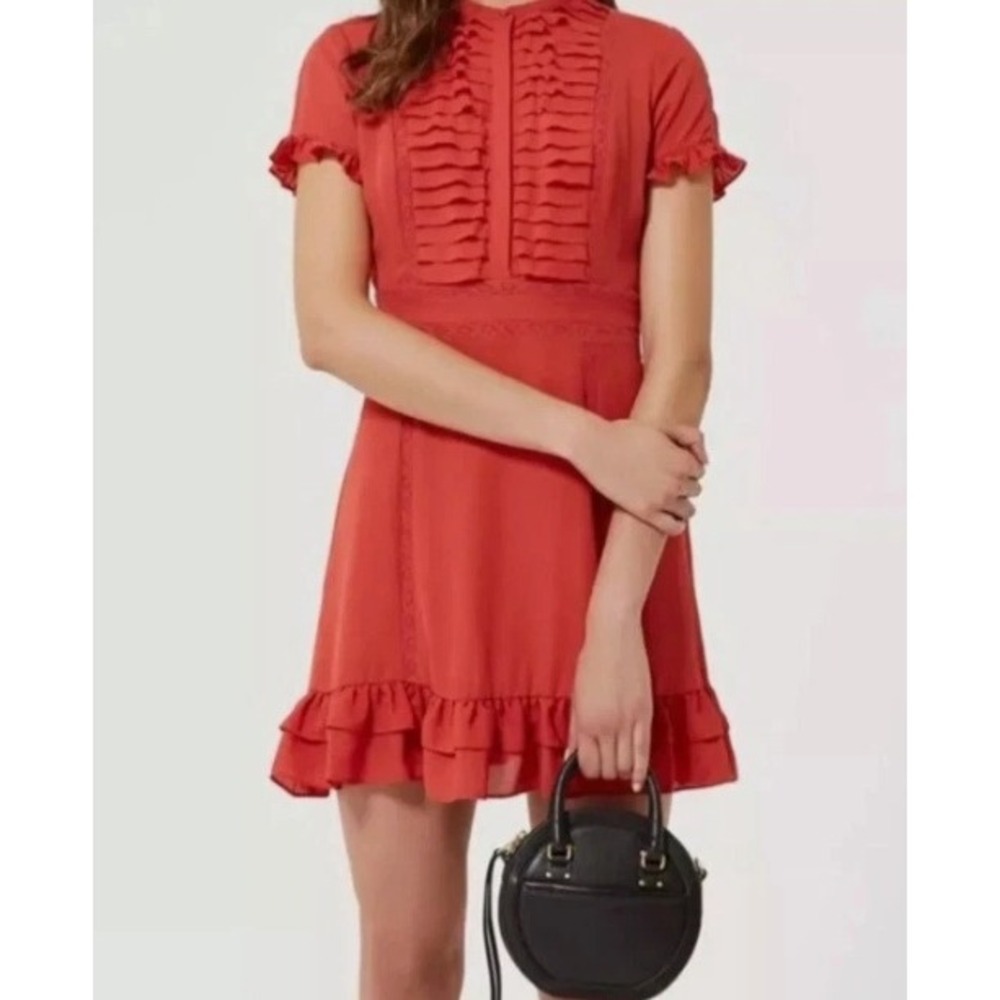 Rebecca Minkoff Red Ruffle Lace Trimβ Mini Dress Womens Size 8 Short Sleeve